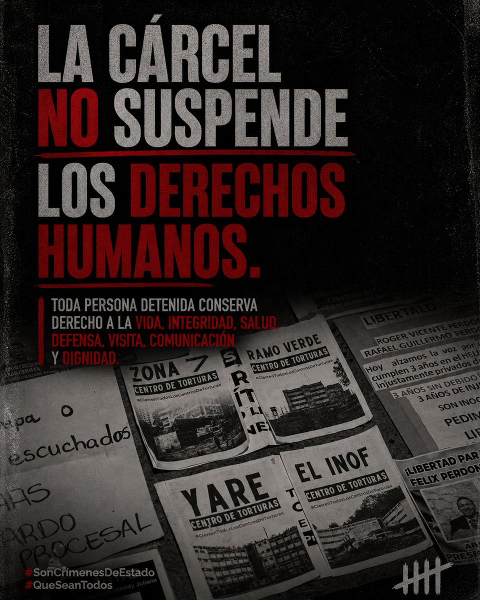 clippve's tweet photo. La cárcel no puede ser una zona sin ley.

Toda persona detenida conserva derecho a la vida, integridad, salud, defensa, visitas, comunicación y dignidad.

Nadie debe ser torturado. Nadie debe morir bajo custodia.

#SonCrímenesDeEstado
#SonCrímenesDeEstado