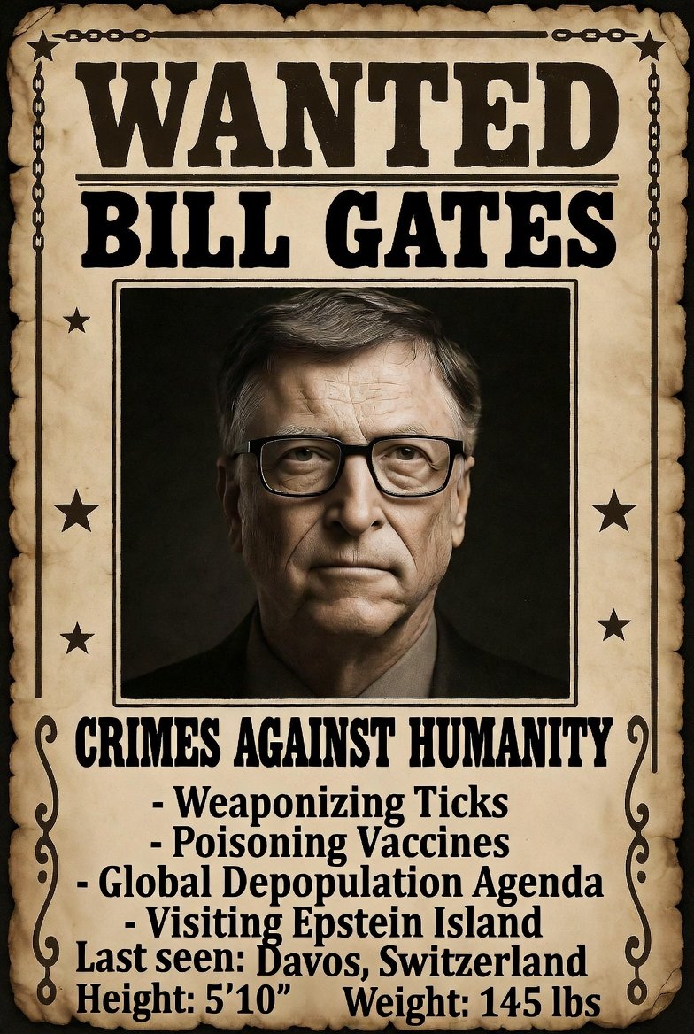YngLibertyMusic's tweet photo. @liz_churchill10 Alright, let us start a Bill Gates wanted poster campaign. Create your own Bill Gates wanted poster. List his crimes. Share everywhere, not just on X. DO NOT THREATEN DEATH because that'll give them an excuse to censor. Over the top posters are probably fed posts. I'll go first https://t.co/AbTy31zZUf