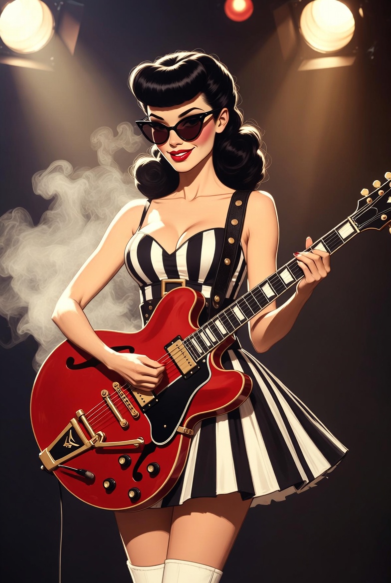 RickieRngmusic's tweet photo. 🌟💋おはようございます！1950-60年代のpin-up rock queenがギターを抱えてスタジオで…
レトロで力強いこの���囲気、最高だよね。この雰囲気、どう感じる？

#AIMusic #PinupRock #RetroRock #ギター https://t.co/lylxcz8VR6