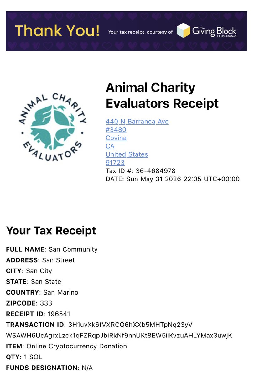 kantaro0925's tweet photo. Happy Sanday donation #67🐕

We made our 67th donation to @AnimalCharityEv to finding and promoting the most effective ways to help animals globally🐂🐎🐑🐋🌏

Another 50,000 $SAN was used for good!!

#happysanday #cryptoforgood https://t.co/X6Ydqyd5db