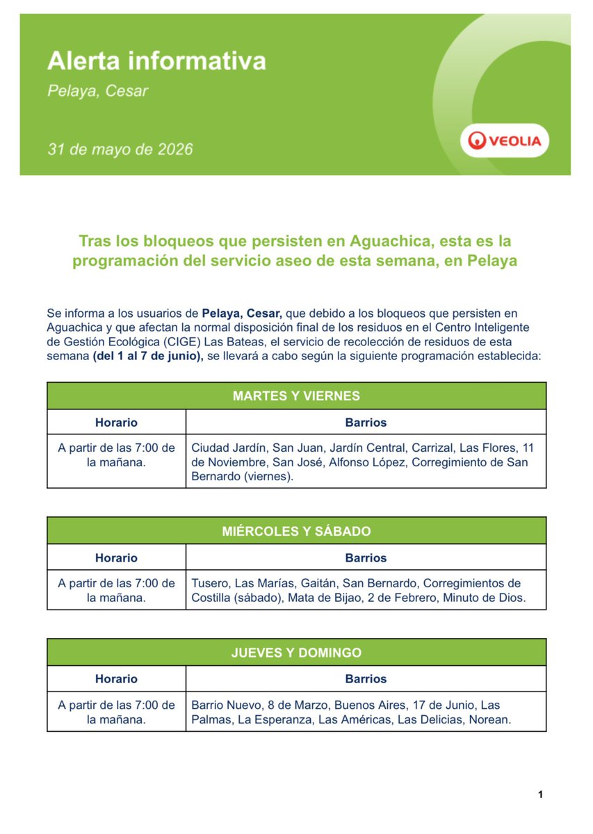 VeoliaSderCesar's tweet photo. 🚨¡ALERTA INFORMATIVA!🚨

A la comunidad de Pelaya, #Cesar, informamos novedades en la programación del servicio de aseo de esta semana, en el municipio. 

Los detalles aquí 👇🏼: https://t.co/bKSPJFYzIv