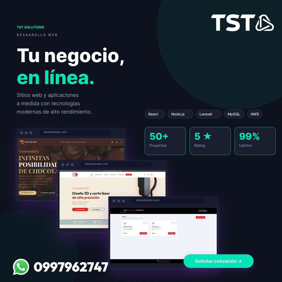 TSTsolutions_ec's tweet photo. 🚀 Digitaliza. Automatiza. Escala.

En TST SOLUTIONS llevamos empresas y emprendedores al siguiente nivel con:

💻 Desarrollo Web
📱 Apps Móviles
🤖 IA y Automatización
🛒 Ecommerce 24/7
⚡ Software a Medida
🌐 https://t.co/EohFXmryxC
📲 WhatsApp: 0997962747 https://t.co/fqXv1CvFmP