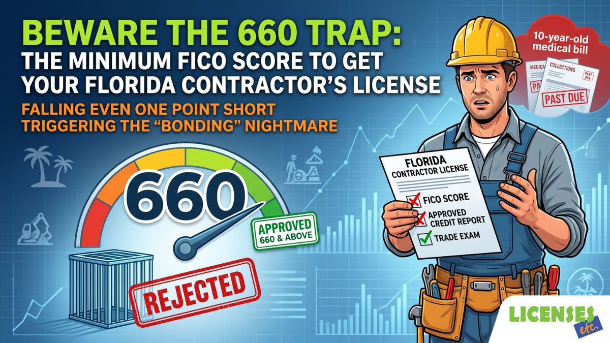 licensesetc's tweet photo. 🚨 𝗧𝗵𝗲 𝟲𝟲𝟬 𝗙𝗜𝗖𝗢 𝗧𝗿𝗮𝗽 𝗶𝘀 𝗥𝗲𝗮𝗹! 🚨 Many contractors assume a "decent" credit score is plenty to get licensed. Don't get caught off guard.  

👇 Read the full breakdown on our blog and protect your license launch:
https://t.co/1jgrANvFUU

#licensesetc https://t.co/awI6qxANlX