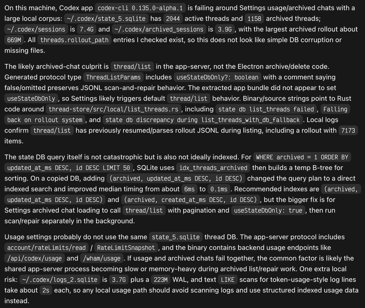 blixt's tweet photo. @thsottiaux Codex self-analysis of the issue https://t.co/bFZpET7fwj
