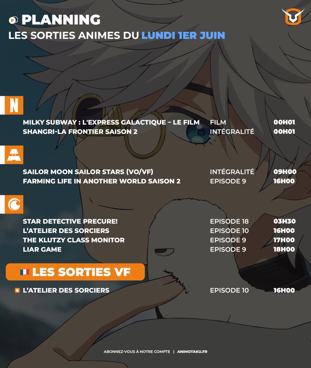 AnimOtaku_fr's tweet photo. 🔶 Bon début de semaine à tous ! Voici les sorties animes du lundi 1er juin :

- Farming Life in Another World S2 EP9. 👨‍🌾
- Star Detective Precure! EP18. 🌟
- L'Atelier des Sorciers EP10. ✨
- The Klutzy Class Monitor EP9. 💖
- Liar Game EP9. 💵

Bon visionnage !

#anime https://t.co/FIHncVmyCj