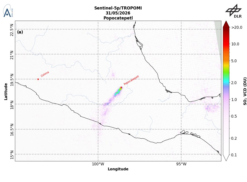 TROPOMI_SO2's tweet photo. On 2026-05-31 #TROPOMI has detected an enhanced SO2 signal of 4.97DU at a distance of 6.5km to #Popocatepetl. #DLR_inpuls @tropomi #S5p #Sentinel5p @DLR_en @BIRA_IASB @ESA_EO #SO2LH https://t.co/uTQ0JjgatI