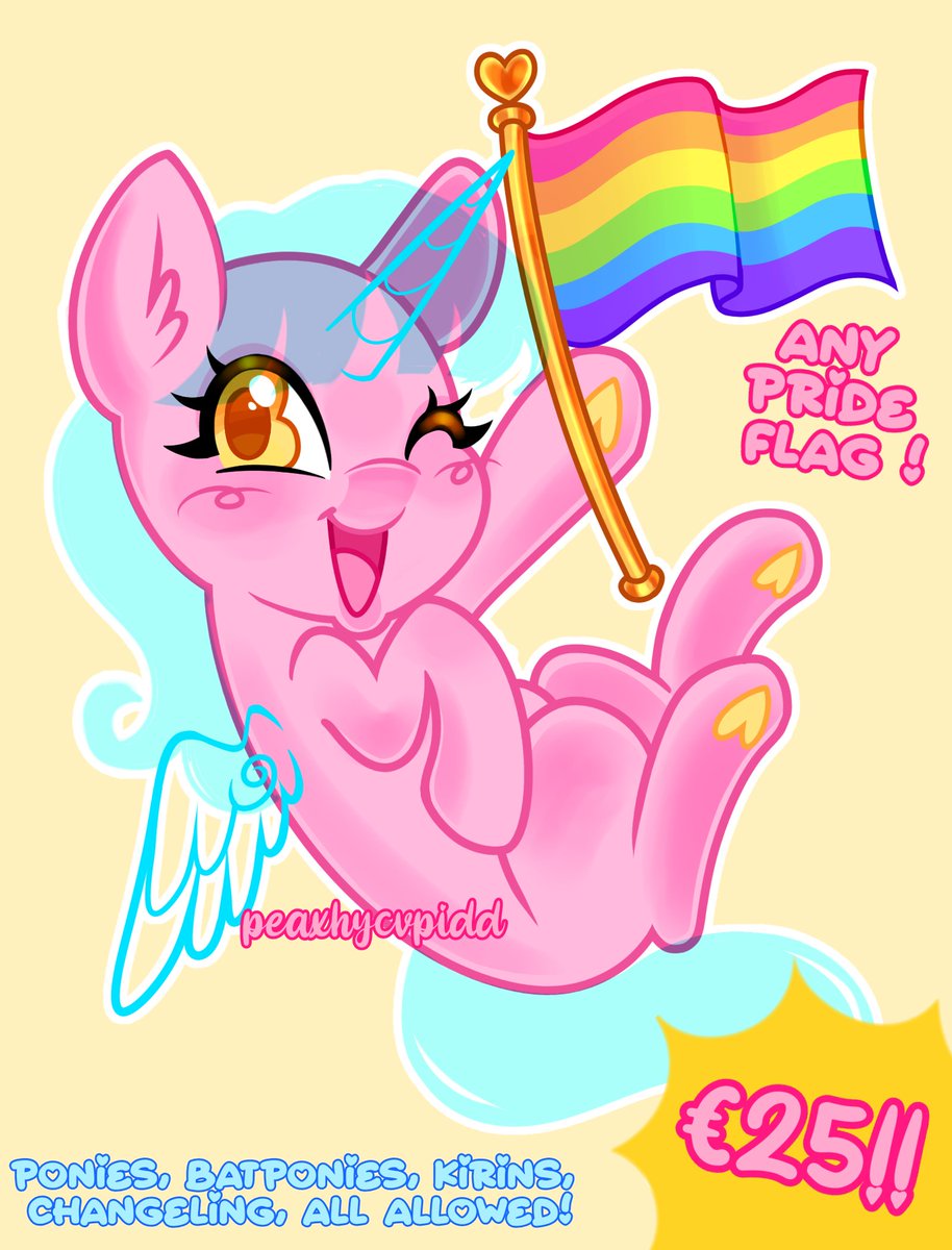 PeaxhyCvpidd's tweet photo. 🌈PRIDE MONTH YCH !!! 🏳️‍🌈

🎀I'm only taking 2 slots at a time, but I will do more !! 

🎉€2️⃣5️⃣ !!! + €5️⃣ for complexity!

🍭Any pony like species + any pride flag !!

🌸Comment or DM me if interested !!!

🩷 &amp; 🔄 are appreciated !!! https://t.co/cIj0FU59Gq