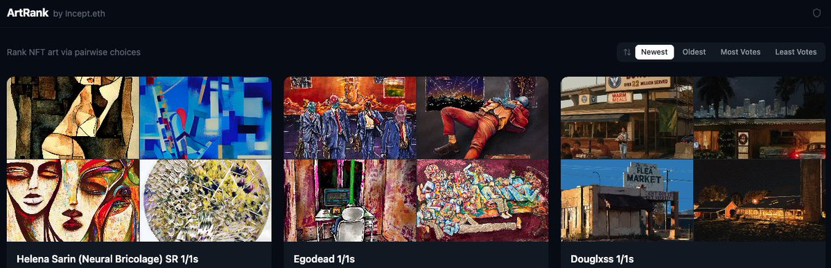 inceptionally's tweet photo. Helena Sarin's SR 1/1s are now in ArtRank!

ArtRank has been from artists I own. I wanted to highlight art I love.

But... my friend @TarainAbstract suggested I add @NeuralBricolage's art. I own none, but it is interesting AI art, before the AI explosion! Check it out. Lenk 👇 https://t.co/WvQw7tDdYt