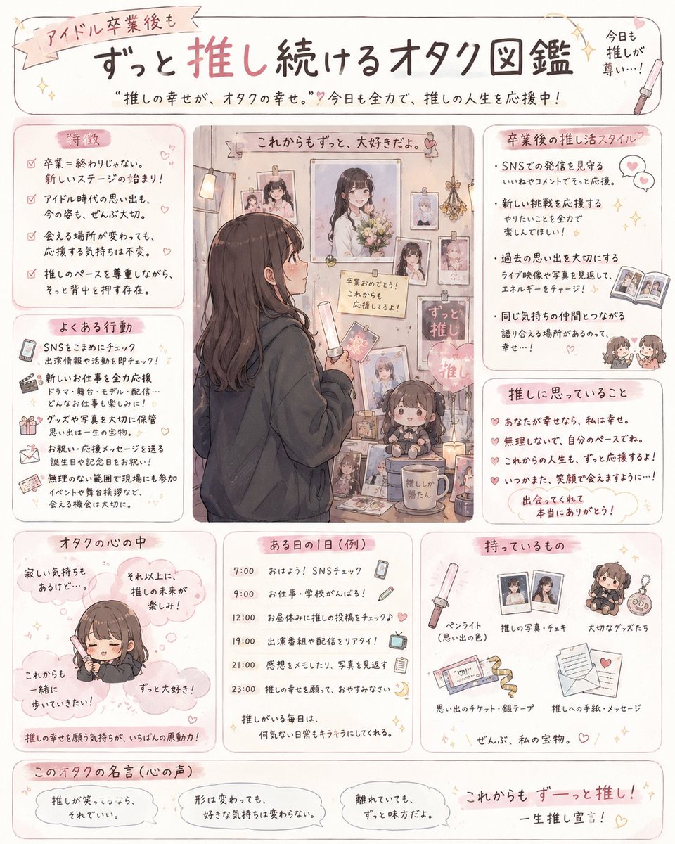 Dark_schneider2's tweet photo. 「アイドル卒業後もずっと推し続けるオタク図鑑」
自分にはできなかった推し方
どちらかというと卒業したら一つの思い出として心の中にしまってしまう
だからこそ、卒業後も変わらず応援し続ける人はすごいなと思う
推し方に正解はないけれど、その一途さには素直に尊敬する https://t.co/UMqbxJKSYG