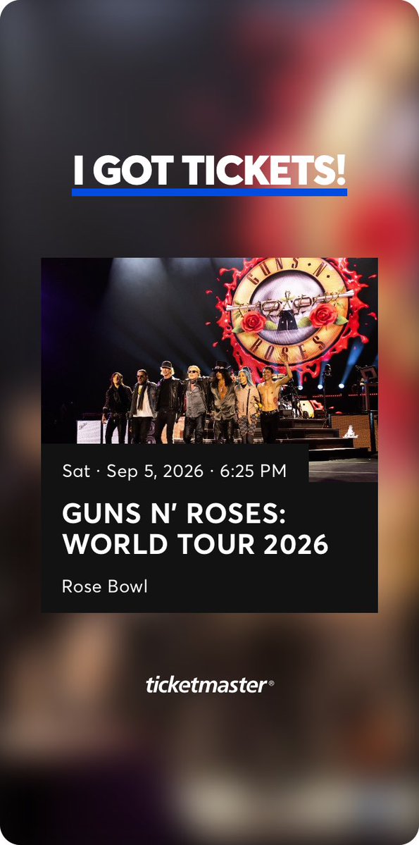 messagejulia's tweet photo. I got tickets! Guns N' Roses: World Tour 2026 - Rose Bowl - Sat · Sep 5, 2026 · 6:25 PM - Who's in?
https://t.co/xOkRLvnD33 https://t.co/DimmBQB433