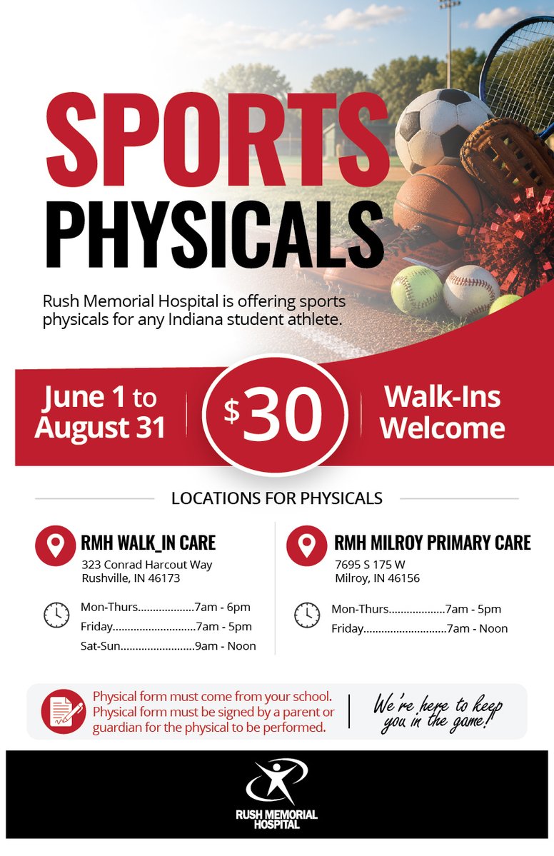 RushMemorial's tweet photo. Sports physicals start soon! 🏃‍♂️
Starting June 1 — get yours in https://t.co/B7EDpcuzhO