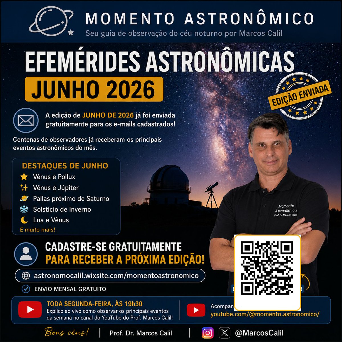 MarcosCalil's tweet photo. 🌌 AS EFEMÉRIDES ASTRONÔMICAS DE JUNHO DE 2026 JÁ FORAM ENVIADAS!

Centenas de observadores já receberam gratuitamente e irão saber sobre:

✨ Vênus e Pollux
✨ Vênus e Júpiter
❄️ Solstício de Inverno

Ainda não recebe? Cadastra-se
🔗 https://t.co/p5hdoX40nd https://t.co/MXXIExLzUt
