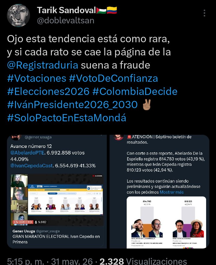 doblevaltsan's tweet photo. Ojo sres @PactoCol se está consolidando el fraude en 2a a favor del señor de la Espriella
Se debería hacer una auditoría al software y un reconteo voto a voto 
#Votaciones #VotoDeConfianza #Elecciones2026 #ColombiaDecide
#IvánPresidente2026_2030 ✌🏽
#SoloPactoEnEstaMondá https://t.co/yrr5OYS911