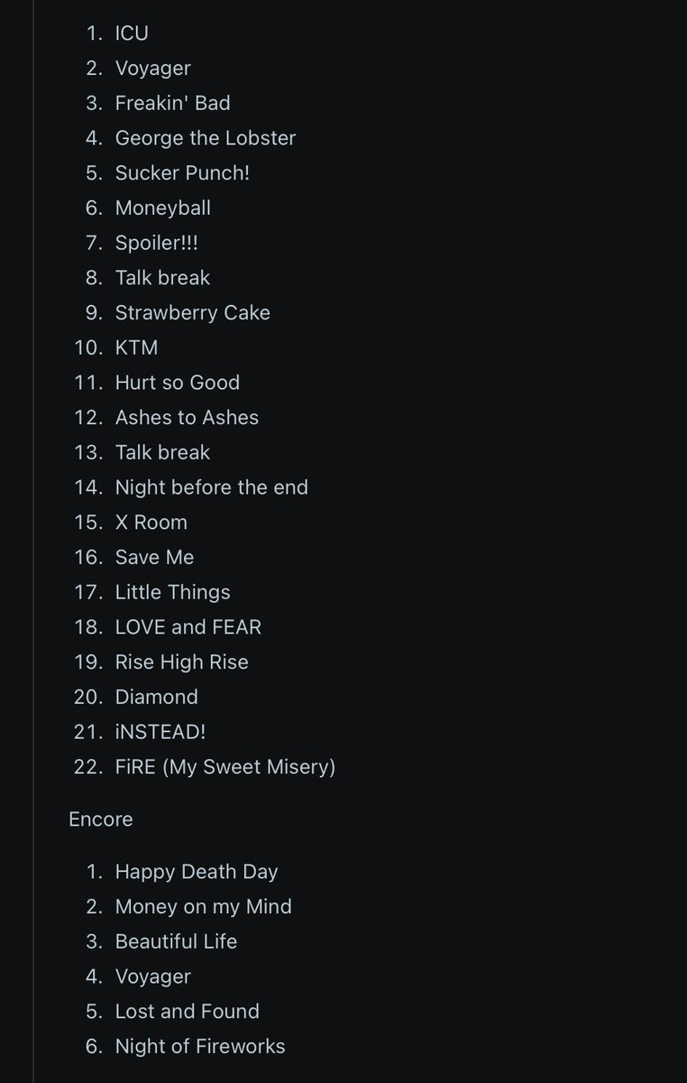 lookatgege's tweet photo. this seems to be the xdiz manchester setlist and honestly there’s just one thing i want to say WHY IS HDD THERE AND NOT PLUTO OR XYMPHONY?? ok i’m going to sleep now https://t.co/rGTAaY5rqn
