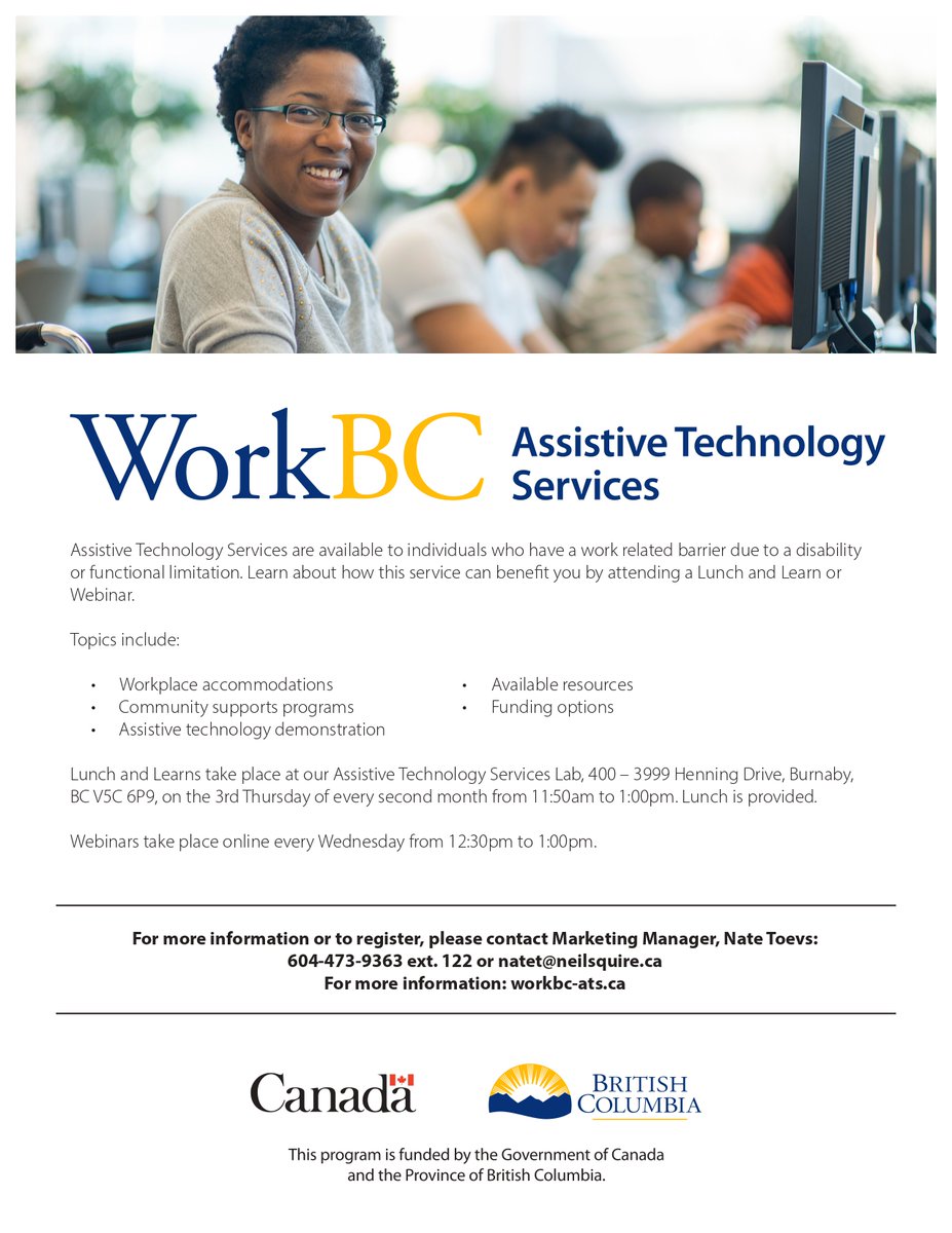 WorkBC_MRidge's tweet photo. People with disabilities have the skills employers need, yet they often face barriers to finding and keeping a job. 

Join a lunch &amp; learn or an online webinar at the WorkBC Assistive Technology Services! https://t.co/OYTD3JJTlC