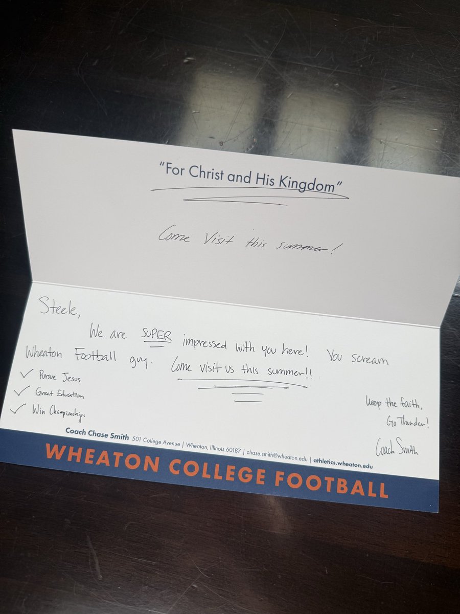 steelebickley's tweet photo. I appreciate the letter from @WheatonFB. Can’t wait to get down there in the summer for a visit, supper excited to see Wheaton as a whole. @CoachCSmith__ @Coach_JScott @coachbieds @MIexposure @PrepRedzoneMI @MichFBFrenzy @GHBucsFootball https://t.co/lHtZVK8rV8