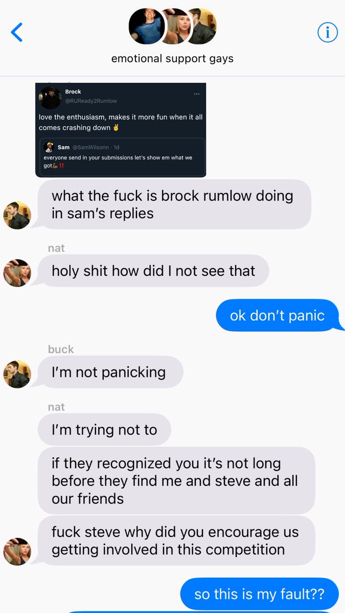mmynoelles's tweet photo. update, rumlow is being weird and bucky nat and steve are concerned https://t.co/NAlwyC1tbn