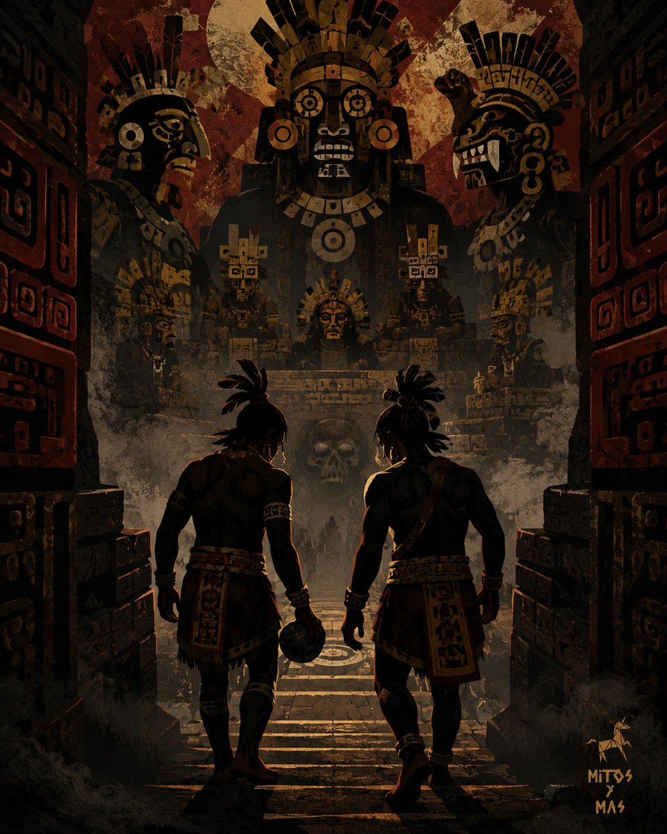 mitosYmas's tweet photo. La clave está en el Popol Vuh. Allí, los Héroes Gemelos, Hunahpú e Ixbalanqué, descienden a Xibalbá para enfrentarse a los Señores de la Muerte. No bajan a jugar por diversión. Bajan al territorio de la enfermedad, la sombra y la descomposición. #inframundo https://t.co/Wl28lyxsJk