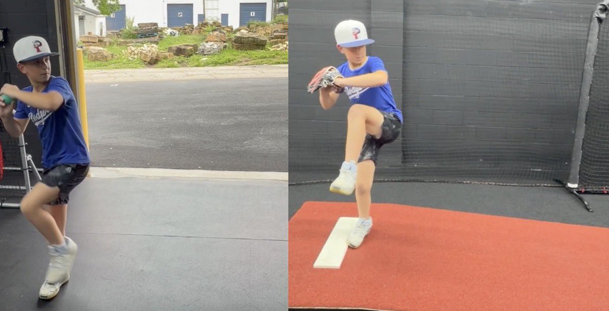 NolanJust1's tweet photo. The first thing we addressed was his leg lift. I wanted Greyson to learn how to control his body and stay balanced throughout the delivery. Before worrying about advanced concepts like drift and sequencing, it was important for him to develop body awareness. Learning to move under control at a young age creates a foundation that will make sequencing and force production easier to develop later.