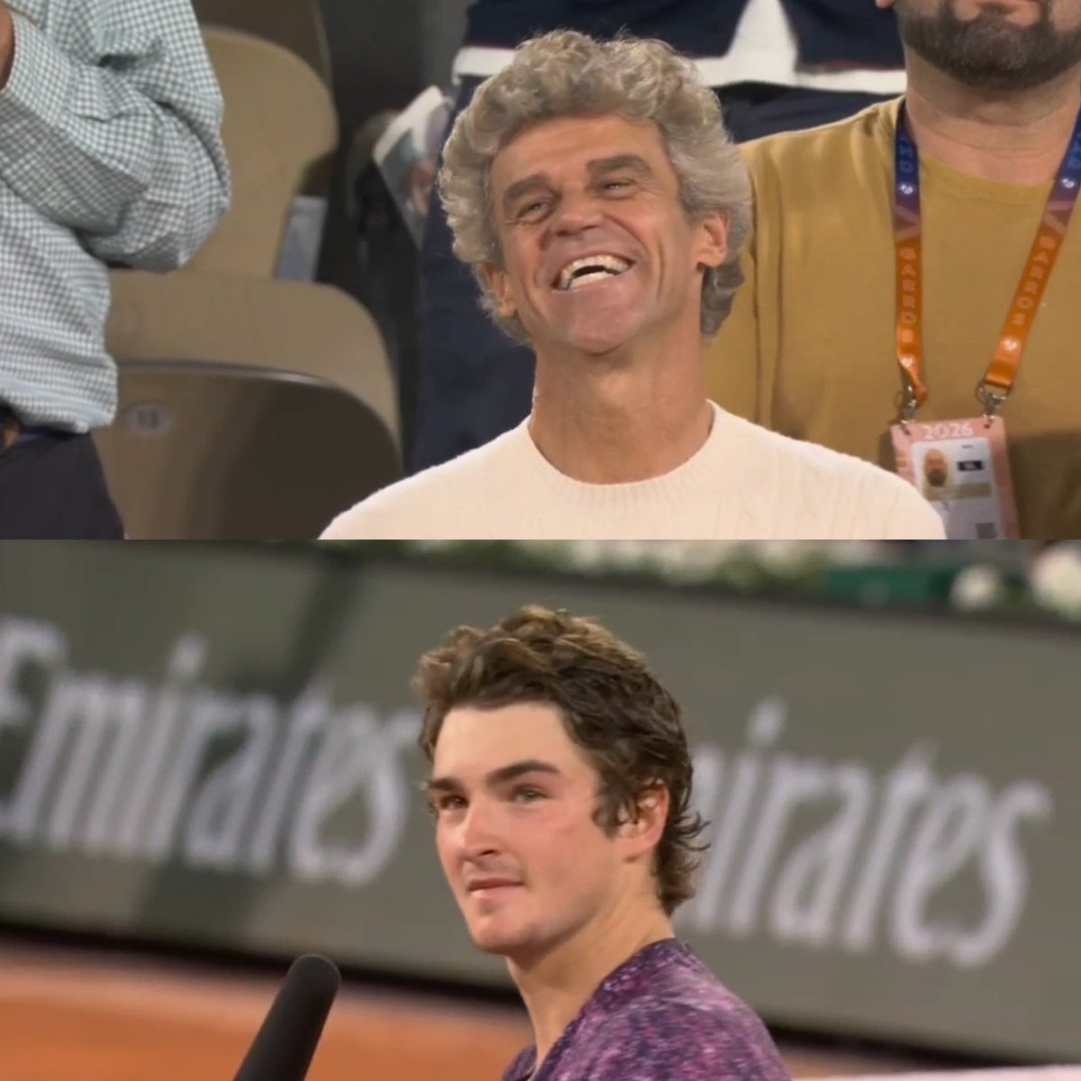 TheTennisLetter's tweet photo. João Fonseca spoke about Guga being there to watch him reach the Roland Garros Quarterfinal:

"It's an idol. He's an idol for our sport, for our country. For his charisma, for the way that he is, for how humble he is. He was here for my first time in Roland Garros. My first match as a junior. Its a pleasure to have him here. It's a pleasure to win against a very tough opponent in front of him. I'm just very happy." 🇧🇷🥹