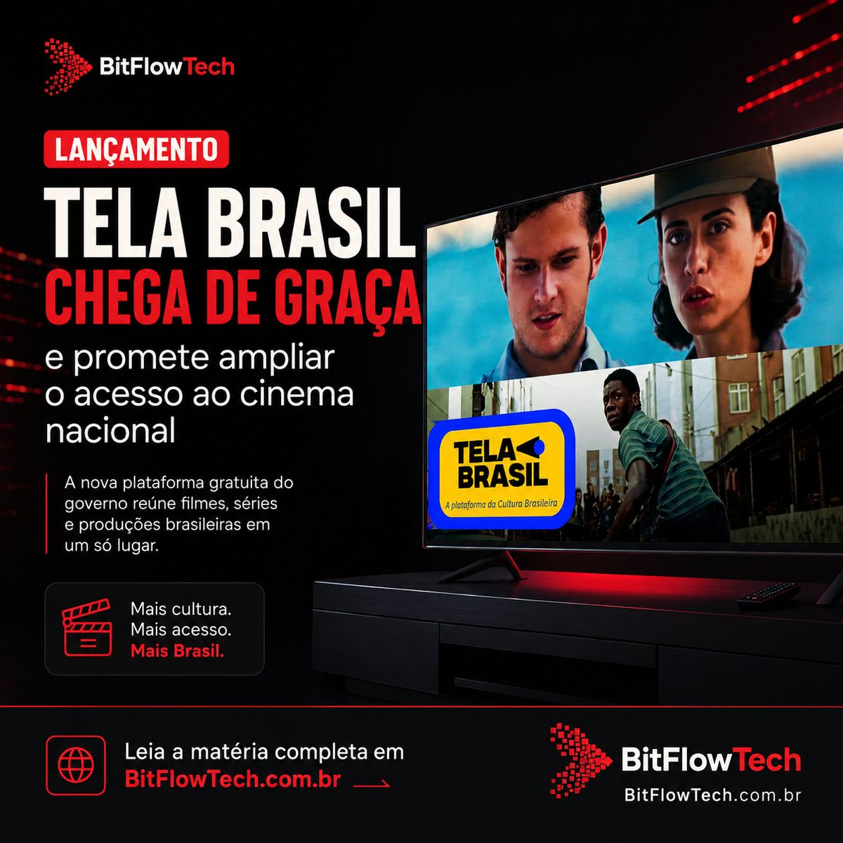 BitFlowTechBR's tweet photo. O Tela Brasil chega de graça e promete ampliar o acesso ao cinema nacional. 🇧🇷🎬

Uma nova aposta para valorizar produções brasileiras no streaming.

Leia em:   https://t.co/e8hpXpX9D7

#TelaBrasil #StreamingGratuito https://t.co/1NRmfjWSz8
