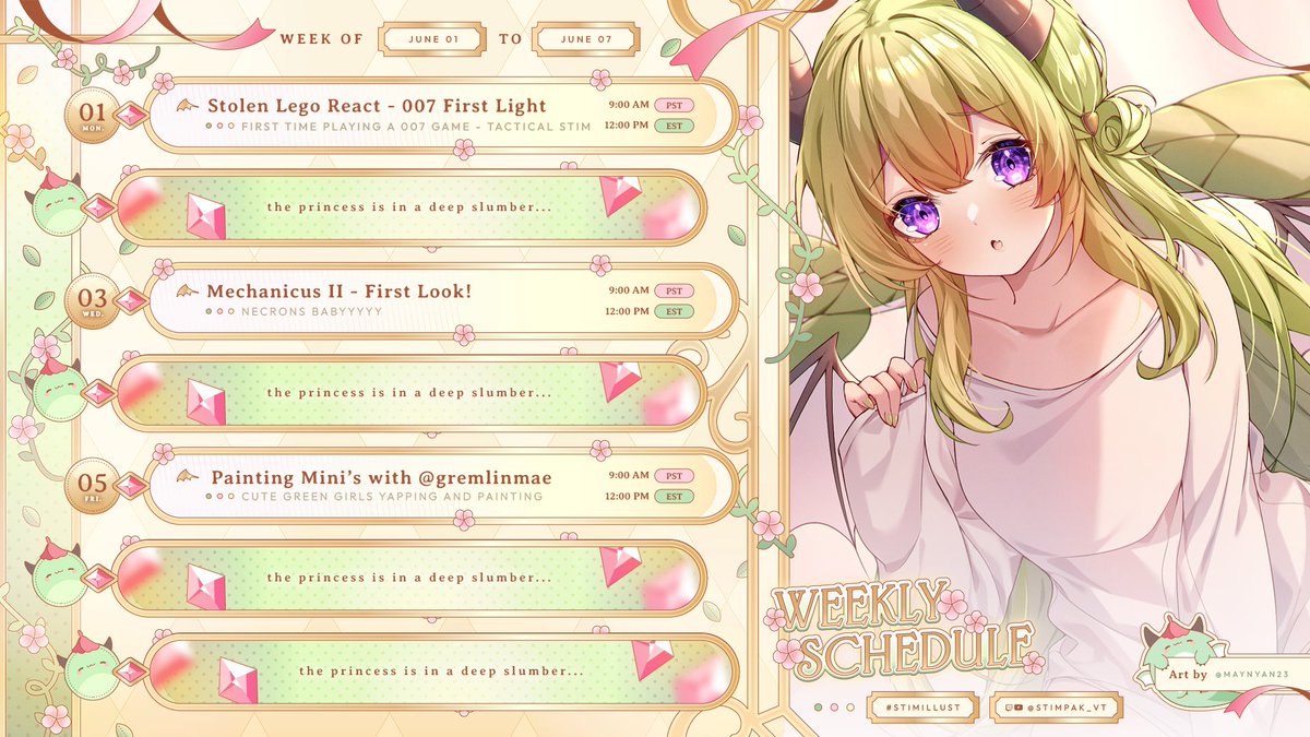 Stimpak_VT's tweet photo. 💚June 01 - June 08 SCHEDULE💚  

Hi Stimpeasants, I have been suffering from very extreme migraines so I am going to take it easy this week and go see a dr! BUT I have some NEW games I am excited to try out AND a cool painting collab with Gremlin Mae on Friday! https://t.co/SgoYR7zU53