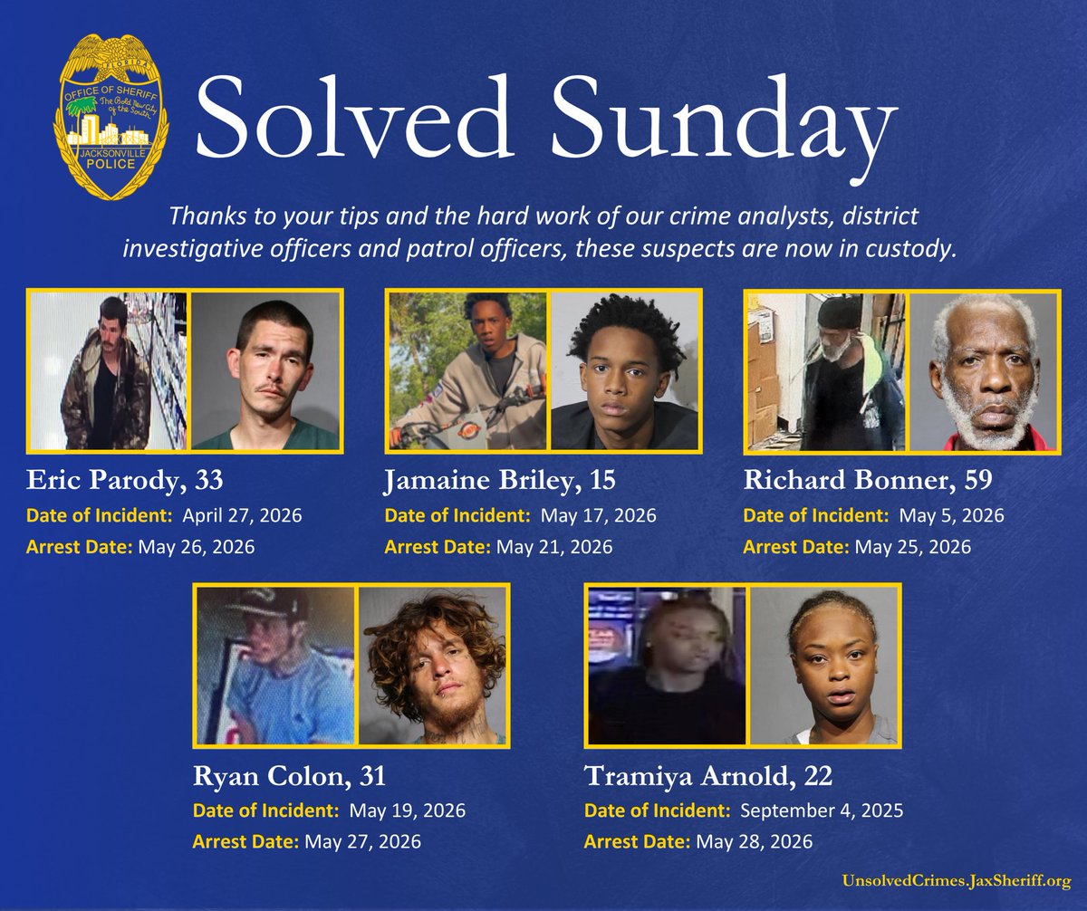 JSOPIO's tweet photo. We’re ending the month with another Solved Sunday!
 
Each of these suspects made a choice and the consequences have caught up to them. Our team of officers, detectives, and crime analysts work tirelessly to identify and arrest people committing crimes in our community.    Eric Parody (33)
Arrested: May 26, 2026 Arrested for: Petit Theft  On April 27, 2026, Parody visited a Southside grocery store and stole about $40 worth of ribeye steak.
 Jamaine Briley (15) Arrested: May 21, 2026 Arrested for: Theft of Motor Vehicle, Communicate to Defraud and Obtain Property with a Value of $300 or More On May 17, 2026, Briley met with the victim who was selling a dirtbike through Facebook Marketplace. Briley asked to test drive the bike and never returned.  We highlighted Briley as one of our ‘Dirtbike Deviants’ during Wanted Wednesday.  Richard Bonner (59)  Arrested: May 25, 2026 Arrested for:  Petit Theft  On May 5, 2026, Bonner took two bottles of laundry detergent from a convenience store on North Main Street. Later in the month, Bonner committed another theft at the same store.  Ryan Colon (31)  Arrested: May 27, 2026 Arrested for: Petit Theft  On May 19, 2026, Colon visited a hobby shop and stole 5 boxes of trading card worth about $600.
 
Tramiya Arnold (22) Arrested: May 28, 2026 Arrested for: Petit Theft 
On September 4, 2025, Arnold and another suspect walked into a convenience store and stole five containers of detergent along with a quart of oil totaling about $60 in value.   Don’t forget to visit our Unsolved Crimes page. You never know who you might recognize.