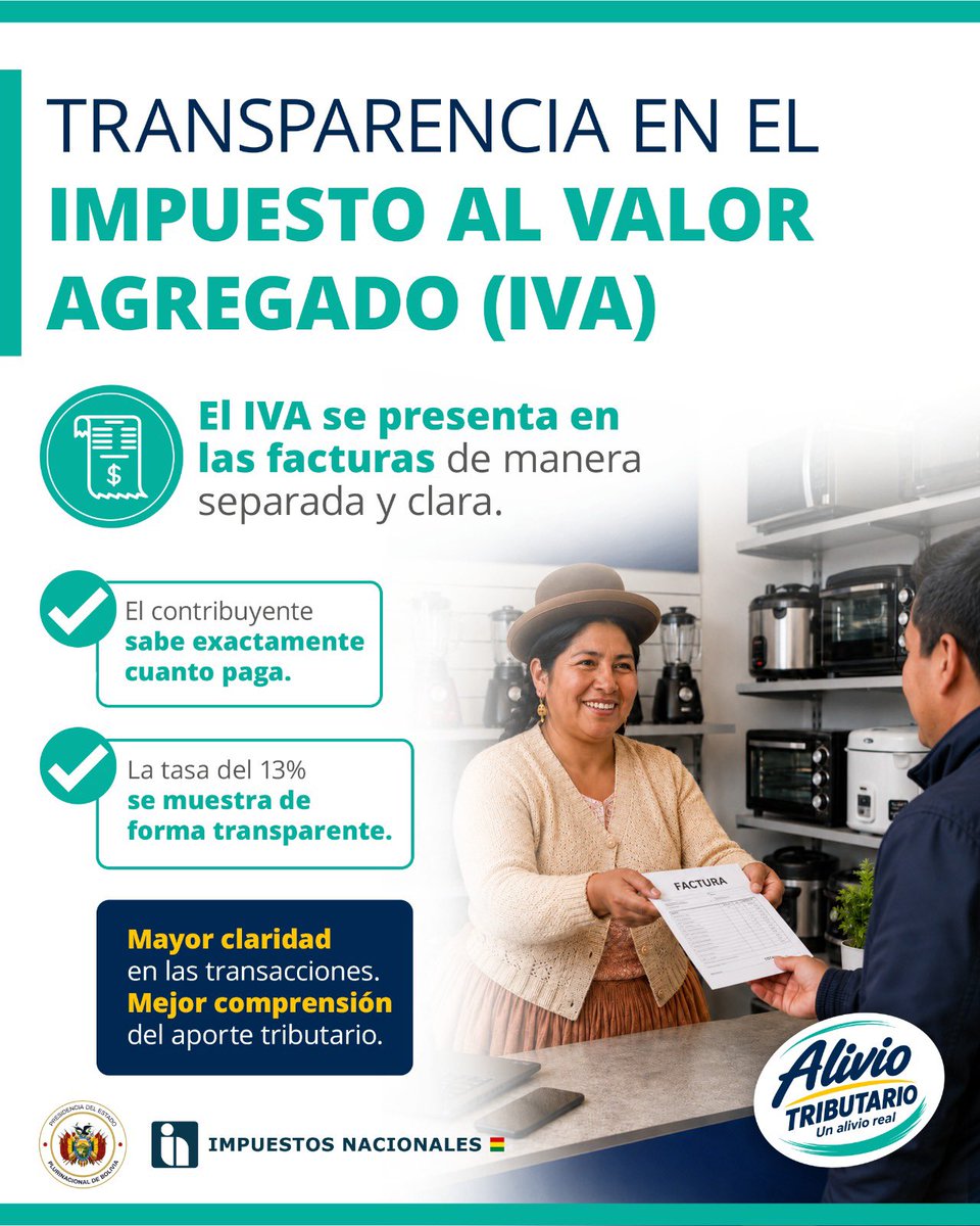 sinbolivia's tweet photo. 📢 El IVA ahora se muestra de forma separada y clara en las facturas 🇧🇴

✅ La tasa del 13% será visible ✅ Mayor claridad en las transacciones

📲 https://t.co/WehLRNBgfd

#SiempreBolivia #Impuestos #CumplimientoVoluntario #AlivioTributario #IVA https://t.co/2ZR2Z8Gqvr
