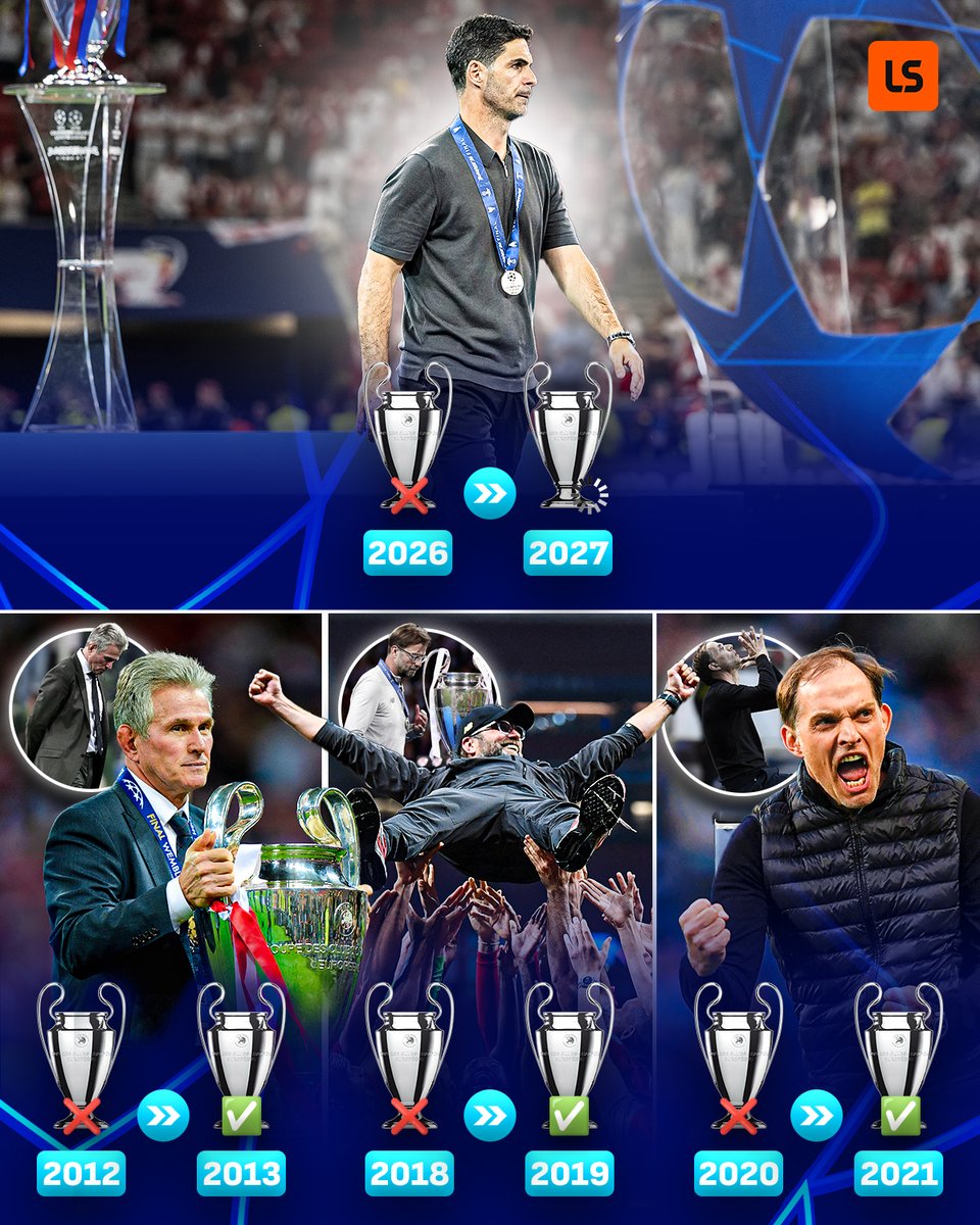 livescore's tweet photo. Only 𝙏𝙃𝙍𝙀𝙀 managers have ever won the Champions League the season after losing the final 🏆👀

Mikel Arteta's redemption arc is loading 💫 https://t.co/ihm1BTAiHj