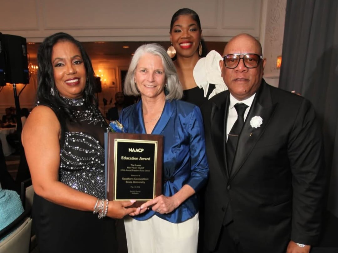 SCSU's tweet photo. We’re honored to receive this year’s Education Award from the Greater New Haven NAACP. Thank you for recognizing Southern’s dedication to educational equity, access, and community impact. #LeadingTheWay https://t.co/pdUasH9L4G