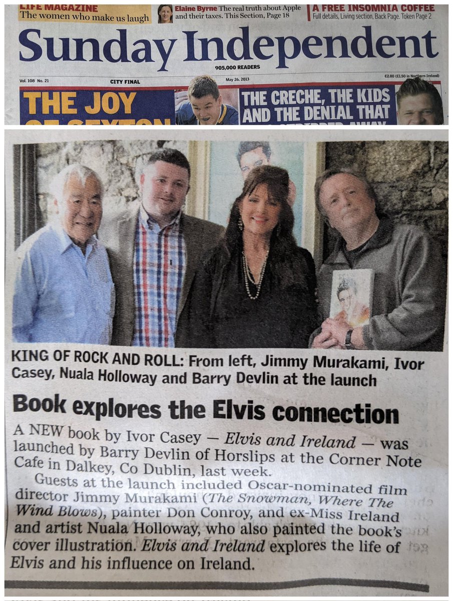 IvorCasey's tweet photo. Coverage of the "Elvis and Ireland" book launch in The Sunday Independent. Along with myself here is animator/director Jimmy Murakami, artist Nuala Holloway &amp; rock star Barry Devlin. 

"Elvis and Ireland" is always available to buy on Amazon.
_
#Elvis #ElvisandIreland #Elvis2026 https://t.co/vRblr1xpNY