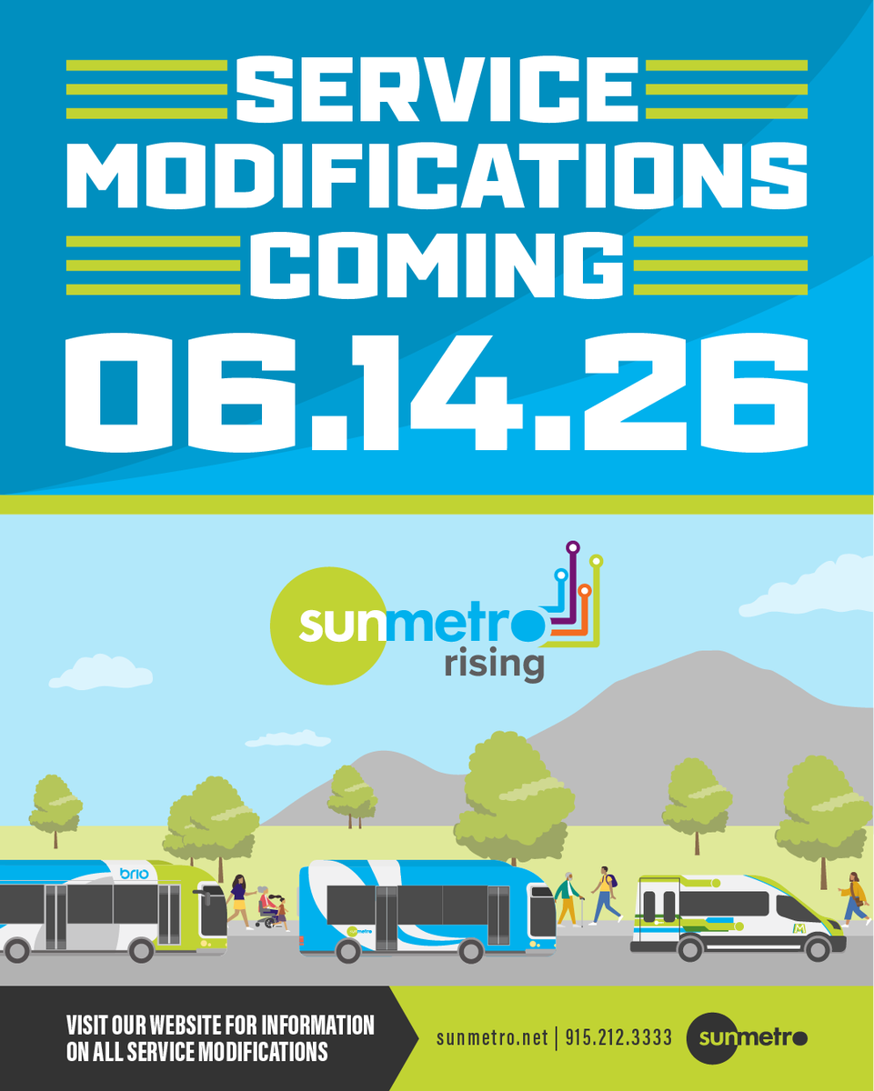 SunMetro's tweet photo. Service modifications are coming Sunday, June 14, 2026. These changes are part of Sun Metro Rising.

For details on the changes, visit https://t.co/BBKxe4a105.

To learn more about Sun Metro Rising, visit https://t.co/2FAAxyx0nr. https://t.co/54YdJIwJPz