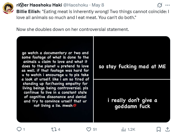 Haoshoku's tweet photo. @AzureMisty Bist du konsequent und lebst vegan oder inkonsequent und zahlst für Folter und Mord an Tieren?

Der Charakter eines Menschen zeigt sich in seinen Taten, nicht in seinen Worten. https://t.co/OJ2YfegHRy