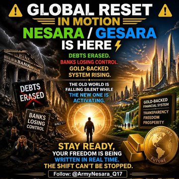 Q_warrior_'s tweet photo. GLOBAL RESET IN MOTION
NESARA / GESARA IS HERE

DEBTS ERASED. BANKS LOSING CONTROL. GOLD-BACKED SYSTEM RISING.

THE OLD WORLD IS FALLING SILENT WHILE THE NEW ONE IS ACTIVATING.

STAY READY, YOUR FREEDOM IS BEING WRITTEN IN REAL TIME.
THE SHIFT CAN’T BE STOPPED
Follow
@Q_warrior_ https://t.co/JBS6k2p69E