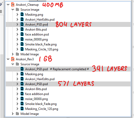 MomoiroKohi's tweet photo. Remember to practice proper PSD updates and source image cleanups regularly when working on a model in Live2D

An un-optimized 1 GB file size knocked down to 400 mb just by making sure there arent duplicate PSD's 
#Live2D https://t.co/OuiFr1uRAM