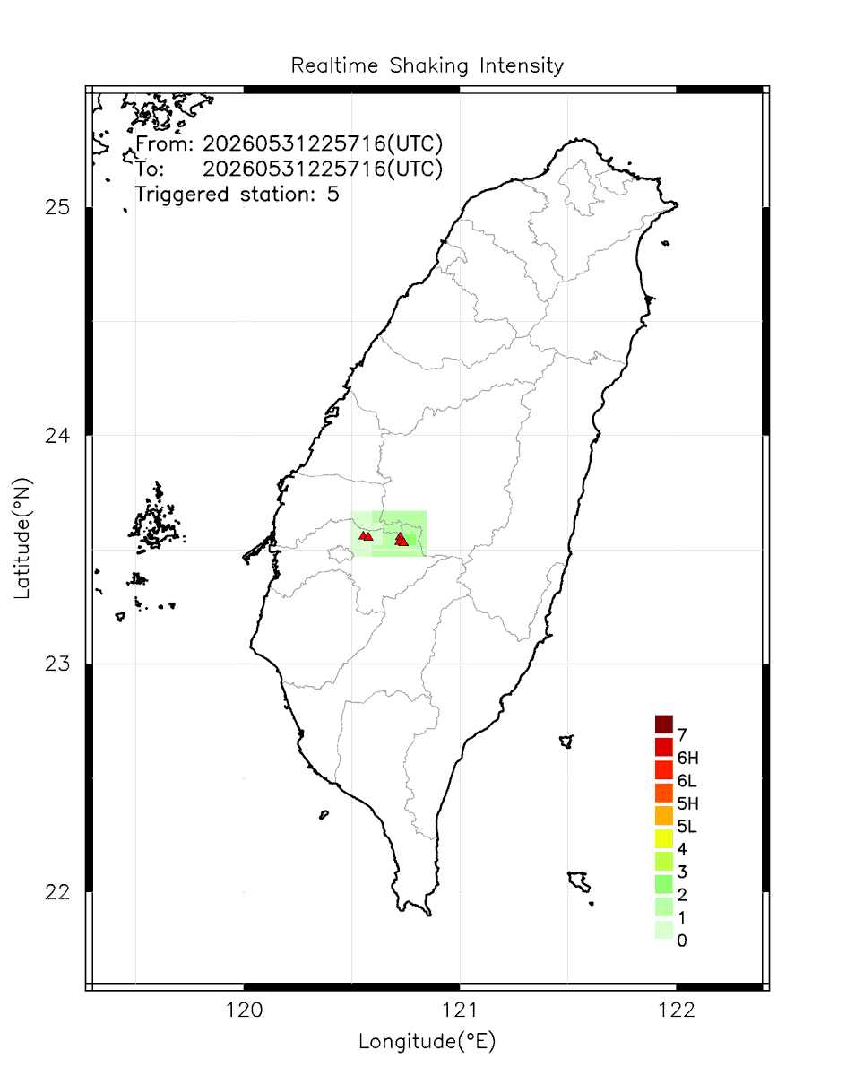 eew_p's tweet photo. Automatically Plotted Shakemaps:
* 2026-06-01 06:57:16 (UTC+08:00, Taipei)
* Evt. 20260601065716, First Report.
* Total 5 triggered stations

Note: These shakemaps are not yet confirmed, for reference only!
#地震 #台灣 #earthquake #Taiwan https://t.co/kv2ozhaLYX