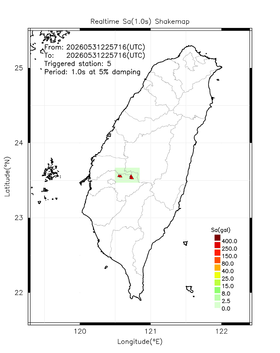 eew_p's tweet photo. Automatically Plotted Shakemaps:
* 2026-06-01 06:57:16 (UTC+08:00, Taipei)
* Evt. 20260601065716, First Report.
* Total 5 triggered stations

Note: These shakemaps are not yet confirmed, for reference only!
#地震 #台灣 #earthquake #Taiwan https://t.co/kv2ozhaLYX