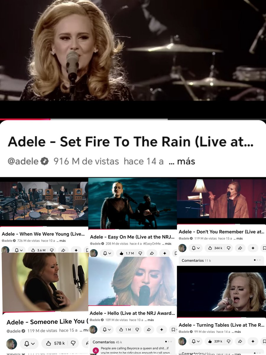 Hbrl18228's tweet photo. The queen of live performances, Adele

✅ Set Fire to the World
916 million 
✅ When We Were Young
726 million 
✅ Easy on Me (NRJ)
208 million 
✅ Someone Like Me (Live)
119 million 
✅ Don't You Remember
119 million 
✅ Hello (NRJ)109 million 
✅ Turning Tables
99 million https://t.co/tq7TlovfIk