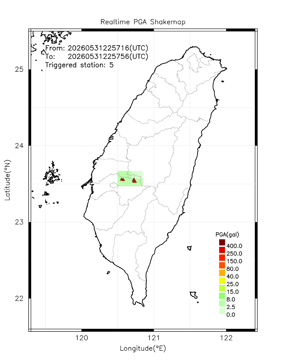 eew_p's tweet photo. Automatically Plotted Shakemaps:
* 2026-06-01 06:57:56 (UTC+08:00, Taipei)
* Evt. 20260601065716, Final Report.
* Total 5 triggered stations

Note: These shakemaps are not yet confirmed, for reference only!
#地震 #台灣 #earthquake #Taiwan https://t.co/xHrE9ETDgv