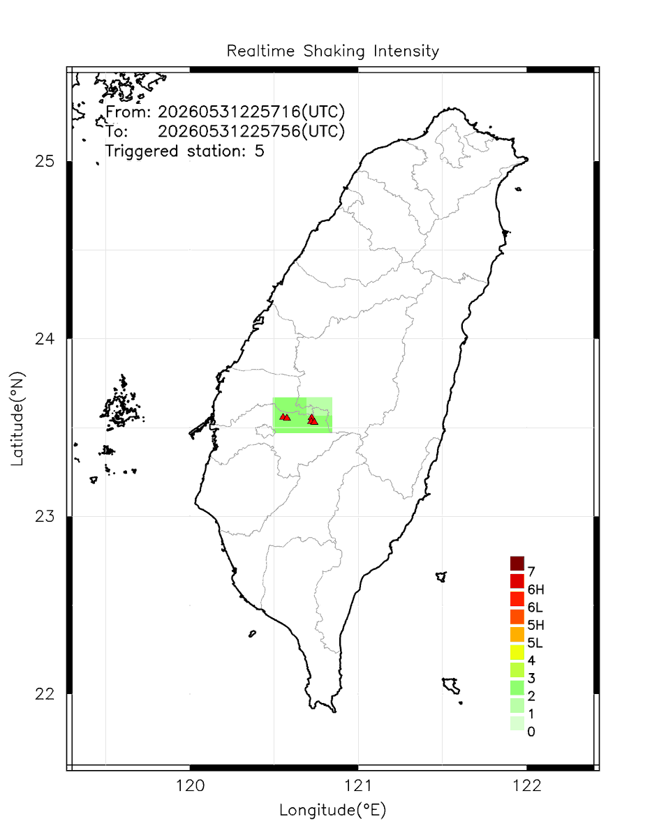 eew_p's tweet photo. Automatically Plotted Shakemaps:
* 2026-06-01 06:57:56 (UTC+08:00, Taipei)
* Evt. 20260601065716, Final Report.
* Total 5 triggered stations

Note: These shakemaps are not yet confirmed, for reference only!
#地震 #台灣 #earthquake #Taiwan https://t.co/xHrE9ETDgv