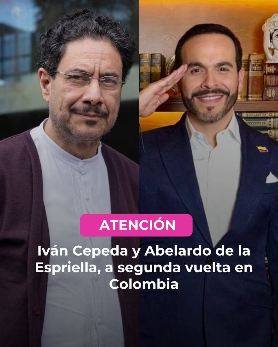 CatlTorre's tweet photo. Se confirma segunda vuelta presidencial entre Iván Cepeda y Abelardo de la Espriella

Con el 97,58 % de las mesas informadas y de acuerdo con el boletín número 17 de la Registraduría Nacional, la elección presidencial se definirá en una segunda vuelta entre Abelardo y  Cepeda. https://t.co/t73ybVQdmn