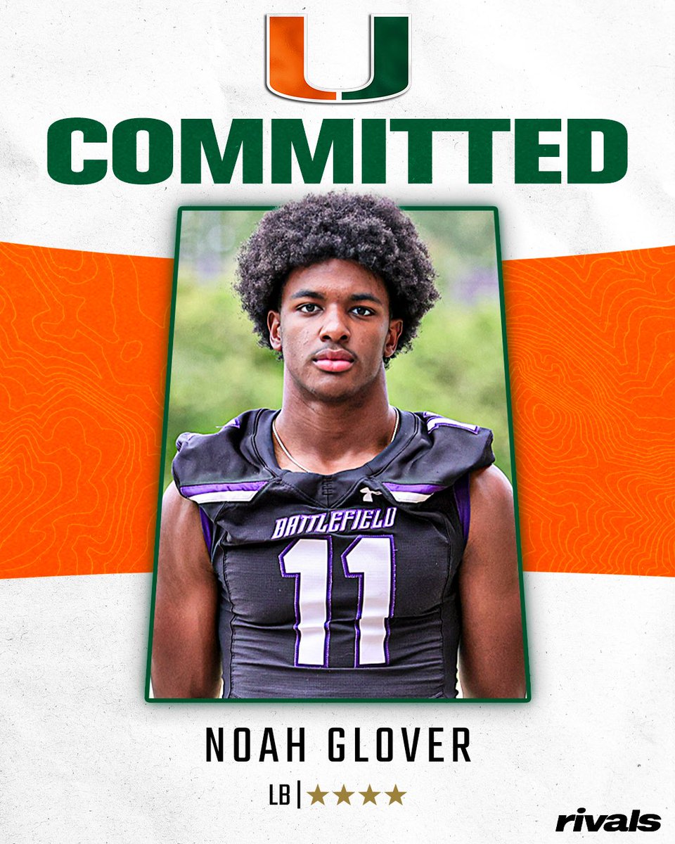 Rivals's tweet photo. 🚨BREAKING🚨 4-star LB Noah Glover has committed to Miami, @Hayesfawcett3 reports🙌

Read: https://t.co/MDsuW4aDOa https://t.co/M6NBNmGZZp