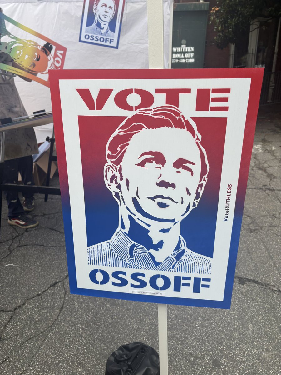 ribunchreports's tweet photo. A cool souvenir: Spray-painted Ossoff posters were available for supporters outside the venue. #gapol https://t.co/x0vdJG8rTu