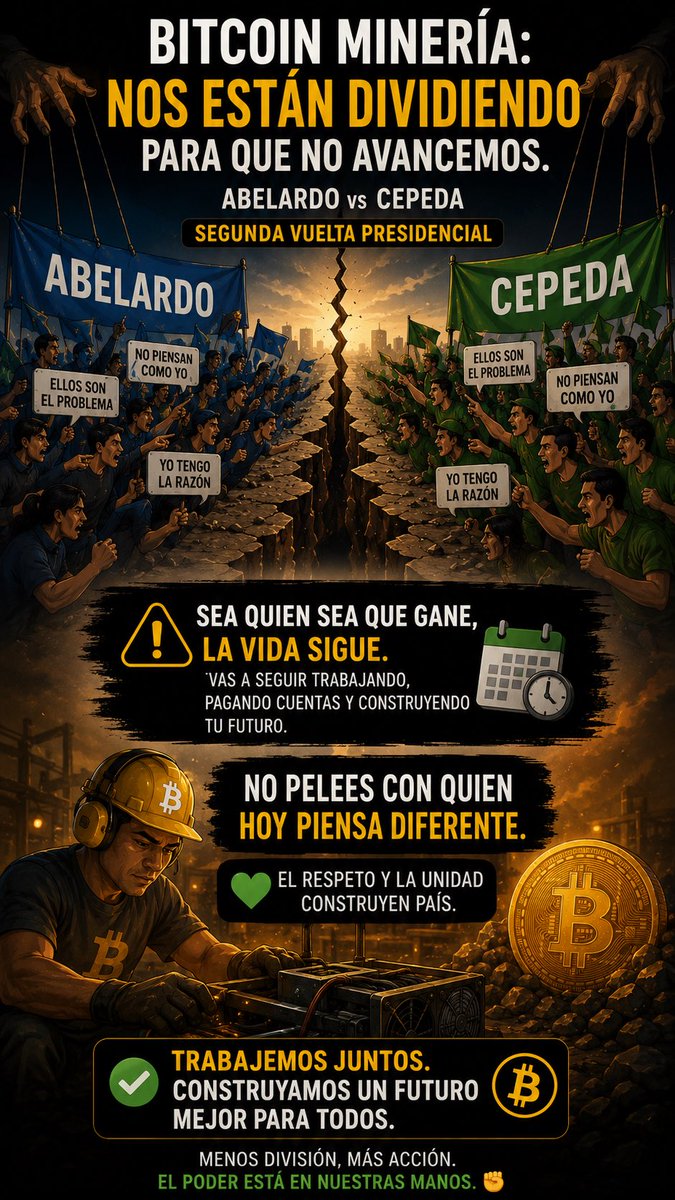 BitcoinIncognit's tweet photo. Nos están dividiendo mientras el tiempo sigue avanzando.

Abelardo o Cepeda… sea quien sea que gane, mañana millones de personas volverán a levantarse a trabajar, construir, pagar cuentas y luchar por sus sueños.

No conviertas la política en odio hacia quienes piensan diferente.
El verdadero poder está en la disciplina, el respeto y la unión.

Bitcoin me enseñó algo importante:
las redes más fuertes no sobreviven por pelear… sobreviven por mantenerse conectadas. ⚡

Trabaja.
Construye.
Aprende.
Evoluciona.

Y no olvides algo:
el pueblo dividido siempre será más fácil de controlar.

#Bitcoin #Colombia #Elecciones #Unidad #BitcoinMineria