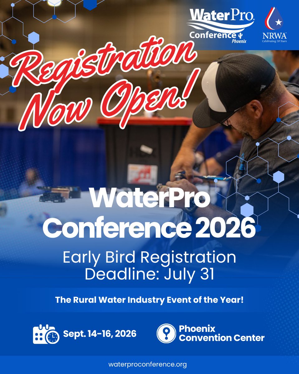 NRWA's tweet photo. 📣Registration for the 2026 WaterPro Conference is NOW OPEN 🥳

We hope to see you for the Rural Water Industry Event of the Year, September 14-16 in Phoenix, Arizona! 🌵

👉Register today at https://t.co/YRnvbrUExM https://t.co/ITwyoADKHL