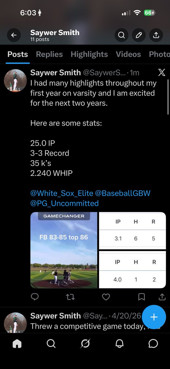 SaywerSmit2028's tweet photo. I had many highlights throughout my first year on varsity and I am excited for the next two years.

Here are some stats:

25.0 IP
3-3 Record
35 k's
2.240 WHIP

Pitch mix:

FB 83-85
Slider 77-78
Change up
@White_Sox_Elite @PG_Uncommitted https://t.co/JdRPkhlgn5