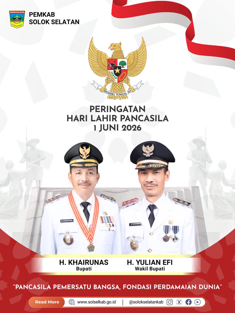 solokselatankab's tweet photo. Selamat Hari Lahir Pancasila 1 Juni 2026!

Mari jadikan momentum ini untuk mempererat persatuan dalam keberagaman Indonesia. Beda suku, beda agama, tapi tetap satu tujuan untuk kemajuan bangsa.

Pancasila Pemersatu Bangsa, Fondasi Perdamaian Dunia

#solsel #harlahpancasila https://t.co/NxUnS6YXvC