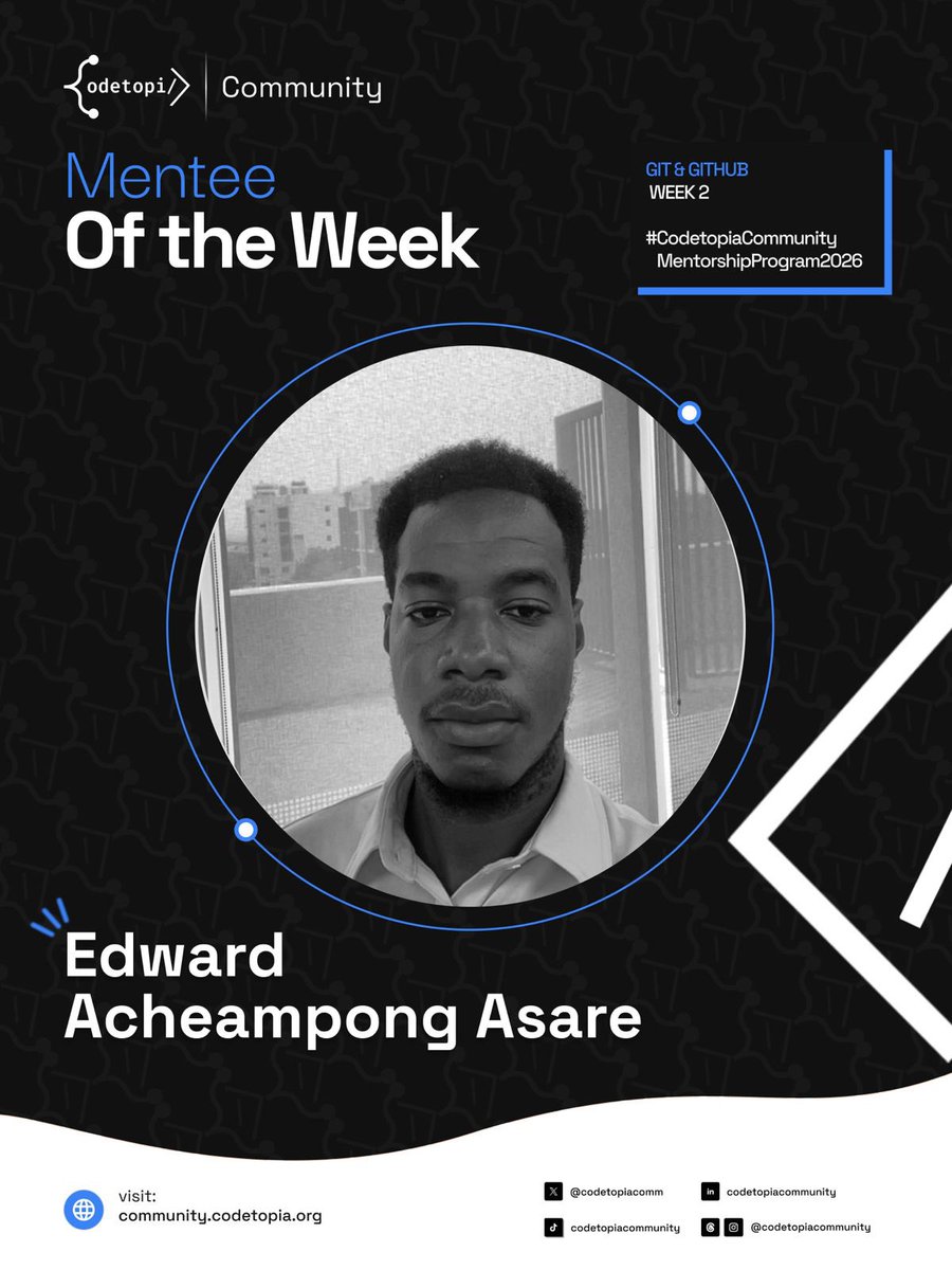 codetopiacomm's tweet photo. Consistency over hype 👏

🌟 Mentee of the Week: Edward Acheampong Asare

Week 2 and still showing up. We see the work 🚀

#CodetopiacommunityMentorshipProgram2026 #MenteeOfTheWeek #CodetopiaCommunity https://t.co/cC3KzjWai5