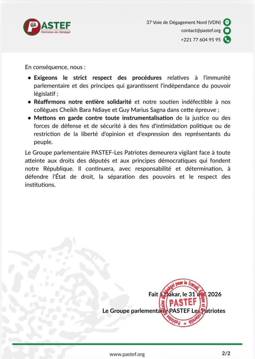 ABDUUUFAAAAL's tweet photo. Le groupe parlementaire PASTEF:

- exige le respect strict des procédures relatives à l’immunité parlementaire ;

- réaffirme son soutien à Cheikh Bara Ndiaye et Guy M Sagna ;

- met en garde contre toute instrumentalisation de la justice ou des forces de sécurité à des fins politiques.