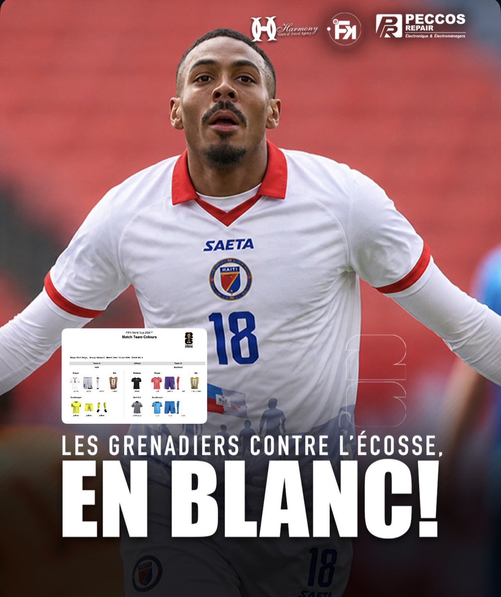 FootKole's tweet photo. Ils seront blancs comme une nouvelle page qui s'ouvre. Ce 29 mai 2026, la FIFA a officialisé la couleur des Grenadiers🇭🇹 pr leur entrée en lice dans la Coupe du monde 2026. Face à l'Écosse, Haïti jouera en blanc. Et ce n'est pas 1 choix anodin : le blanc symbolise la renaissance. https://t.co/jfDL5iNkJn